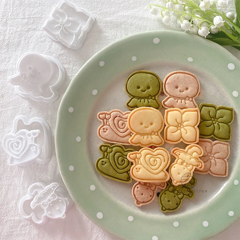 New Cartoon Doll Fondant Icing Biscuit Mold Handmade Cute 4 Petal Flower Snail Pattern Spring Summer Baking Cookie Embosser Mold