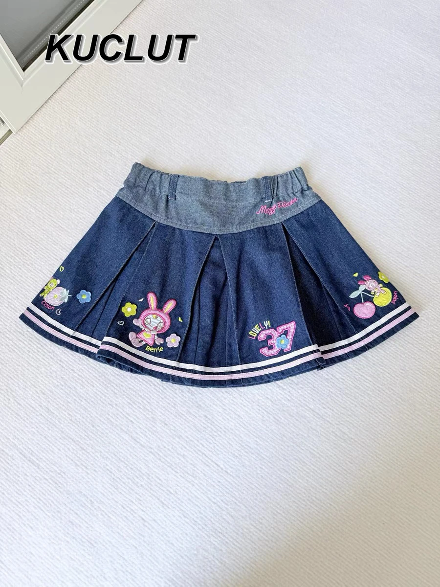 

Girl Japanese Sweet Cute Embroidered Denim Short Skirt Casual High Waist Versatile Pleated Skirts for Women Summer