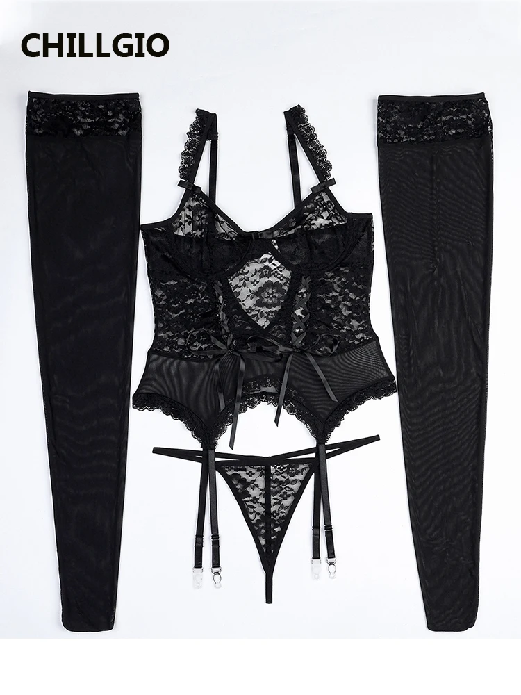 

CHILLGIO Women's Lace Lingerie Set Intimate Transparent Underwear Fashion Bodycon 4 Pieces Erotic Costume Solid Bra Brief Suits