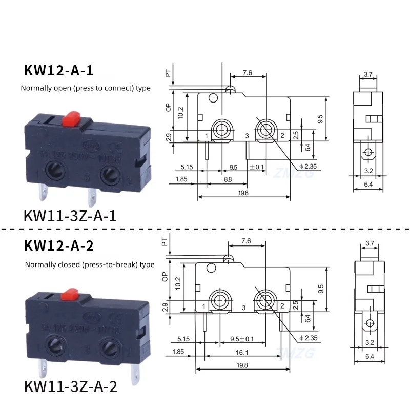 KW12 Reiseendschalter-Kontakt-Knopf KW11-3Z-2 Mikroschalter mit geradem Schaft, dreipolig, 5A 125V/250V – Detail 3