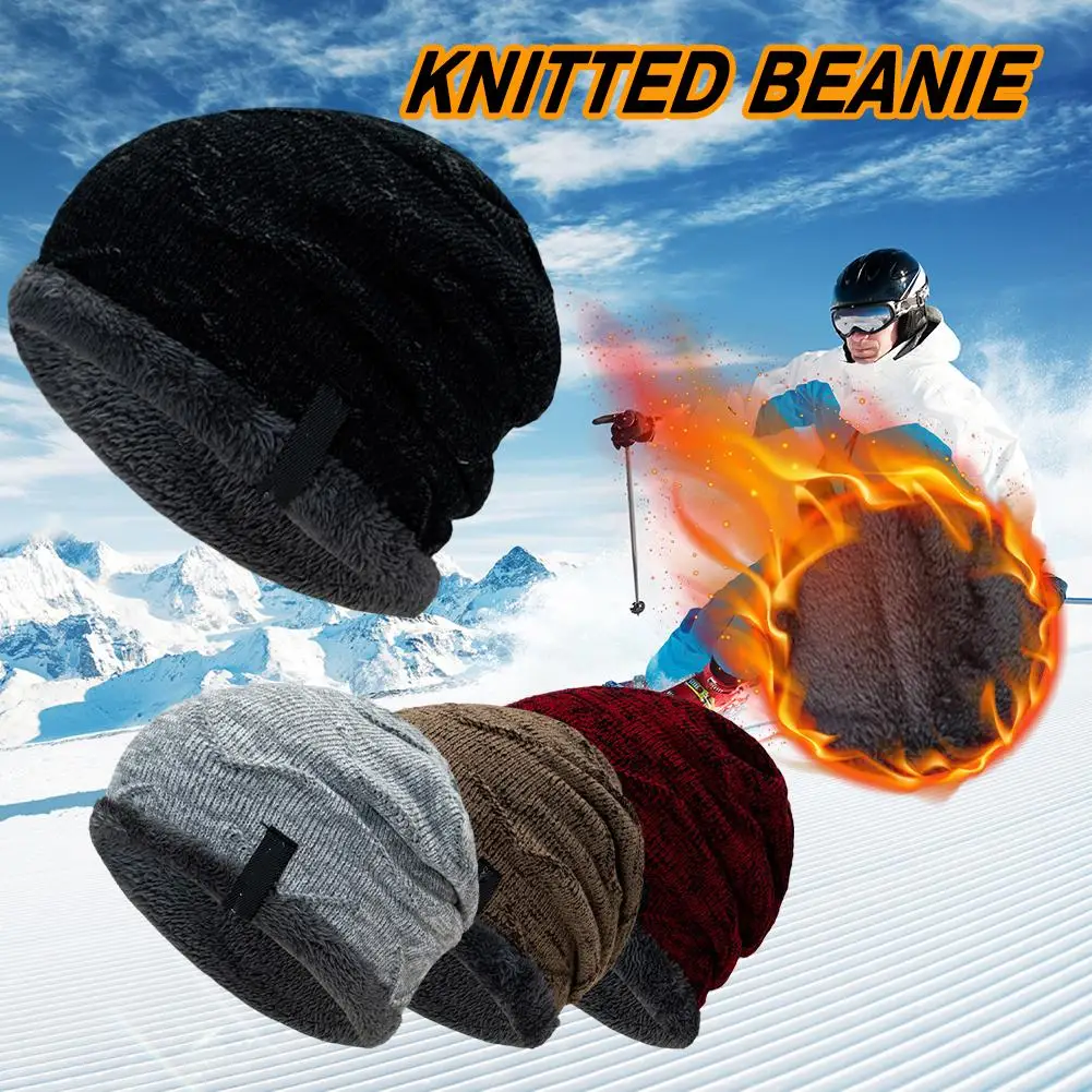 Men Baggy Beanie Hat Ski Cap And Scarf Winter Warm Hedging Ribbed Thicken Hats Velvet Plus Woolly Hiking Knit Caps Outdoor S9i3