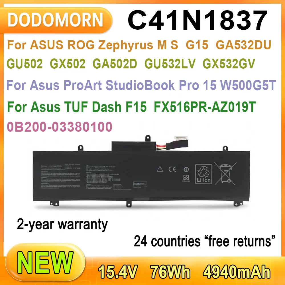 

New C41N1837 Battery For ASUS ROG Zephyrus M S G15 Serie FX516PE FX516PR W500G5T GX532GV Laptop Replacement Parts 0B200-03380100