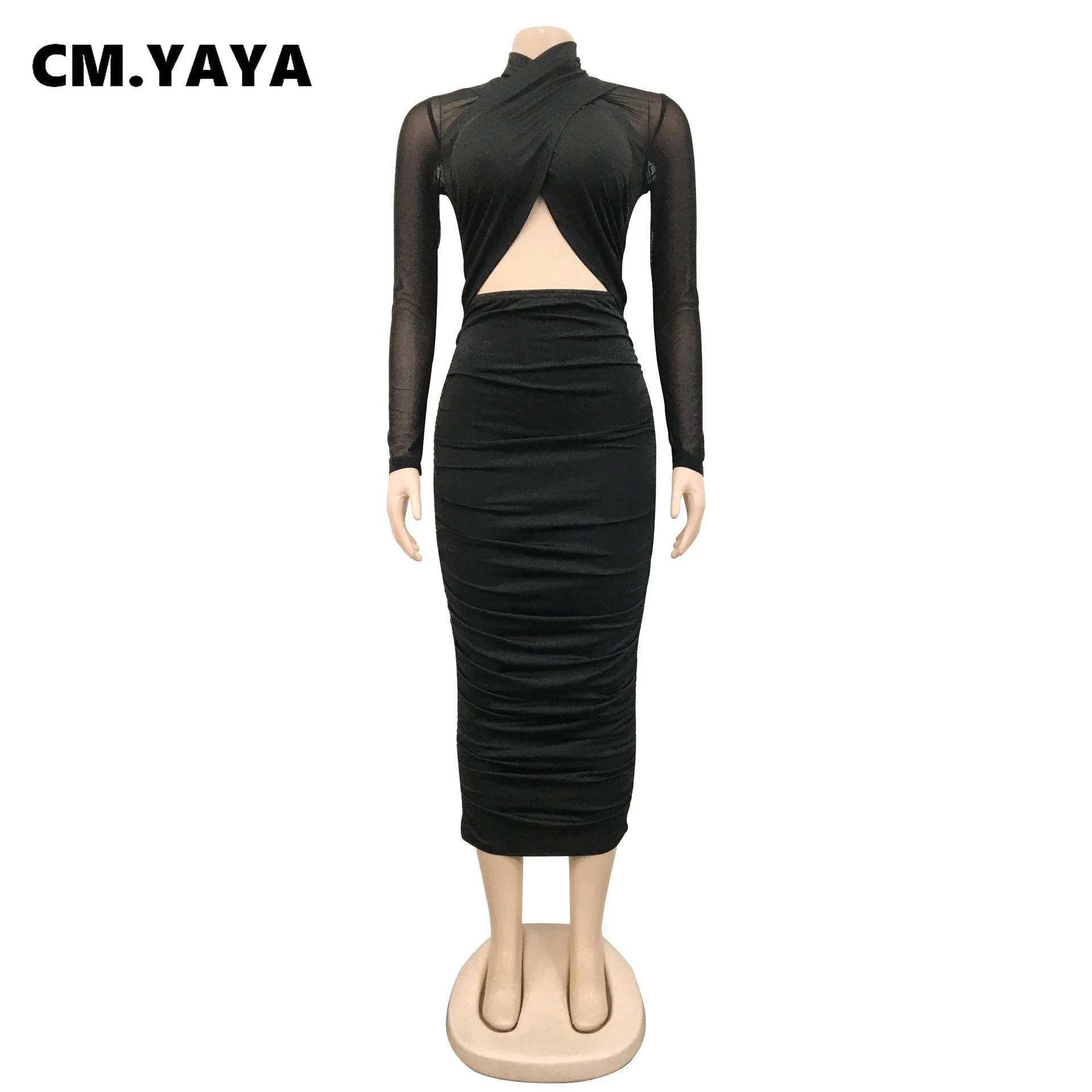 CM.YAYA-Robe mi-longue en maille à manches longues pour femmes, découpes sur le devant, col licou, patchwork, batterie froncée, robes de boîte de nuit sexy, 2023