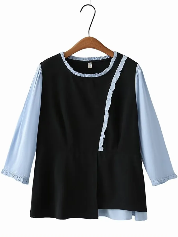 

Plus Size Women's Shirt Round Neck Three-Quarter Sleeves With Ruffle Pleat Patchwork Asymmetrical Decoration Bottom Slit Shirt