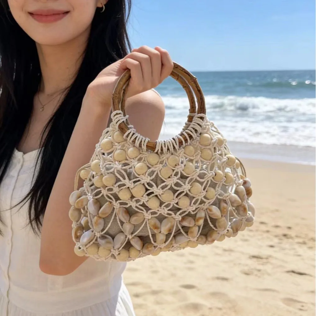 

Rope Crochet Beach Bag Handmade Beading Women Bag NEW Bamboo Handle Handbags and Purses Hollow Travel Woven Straw Bags for Women