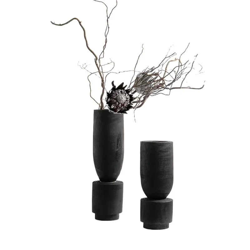 for Wabi Stillwind Carbonized Wood Vase Ornament B B Model House Soft Decoration Solid Wood Flower Arrangement New Chinese