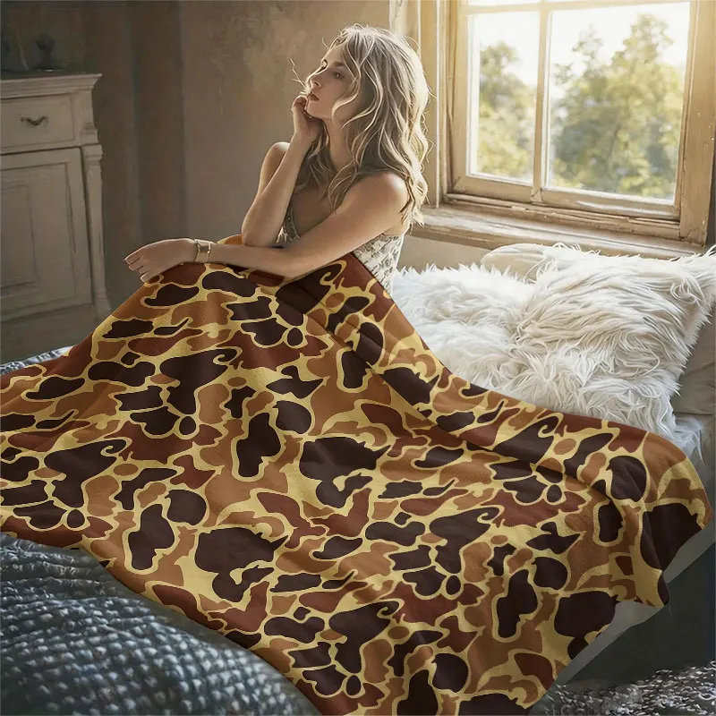 Brown Camouflage Flannel Blanket Perfect for Sofa Office Bed Travel Sleep Read Relax Camping Four Season Use