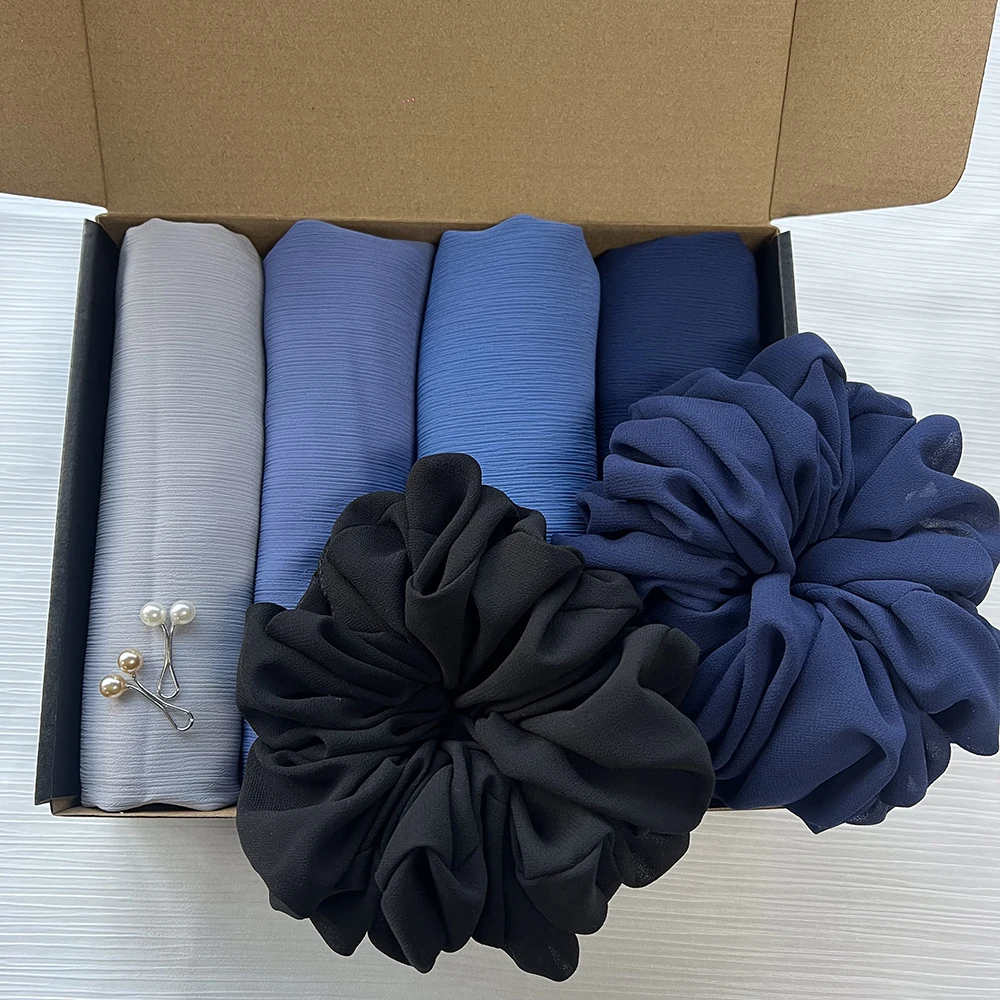 4pcs/Box Crinkle Chiffon Hijab Plain Crepe Scarf Malaysian Shawl Headscarf Custom Gift Box Muslim Women Headscarf