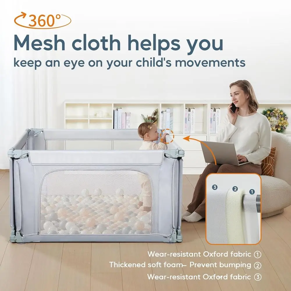 روضة أطفال قابلة للتعديل مقاس 47 × 47 باللون الرمادي مع 360 درجة °   شبكة، ساحة لعب داخلية/خارجية للرضع والأطفال الصغار