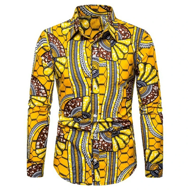 Men Long Sleeve Turn-down Collar Button-Up Shirt Ethnic Circle Geometric Print Casual Party Outfit For Male