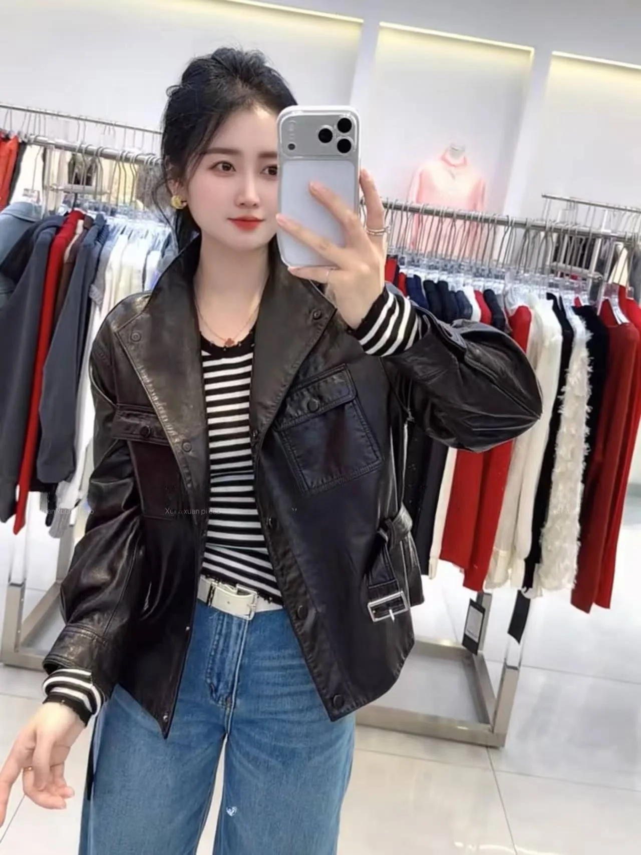 

Ning 2025 New Sle Women's Leather Jaet Genuine eepskin Long Sve Zipper Closure Slim Fit Luxury Faion Coat