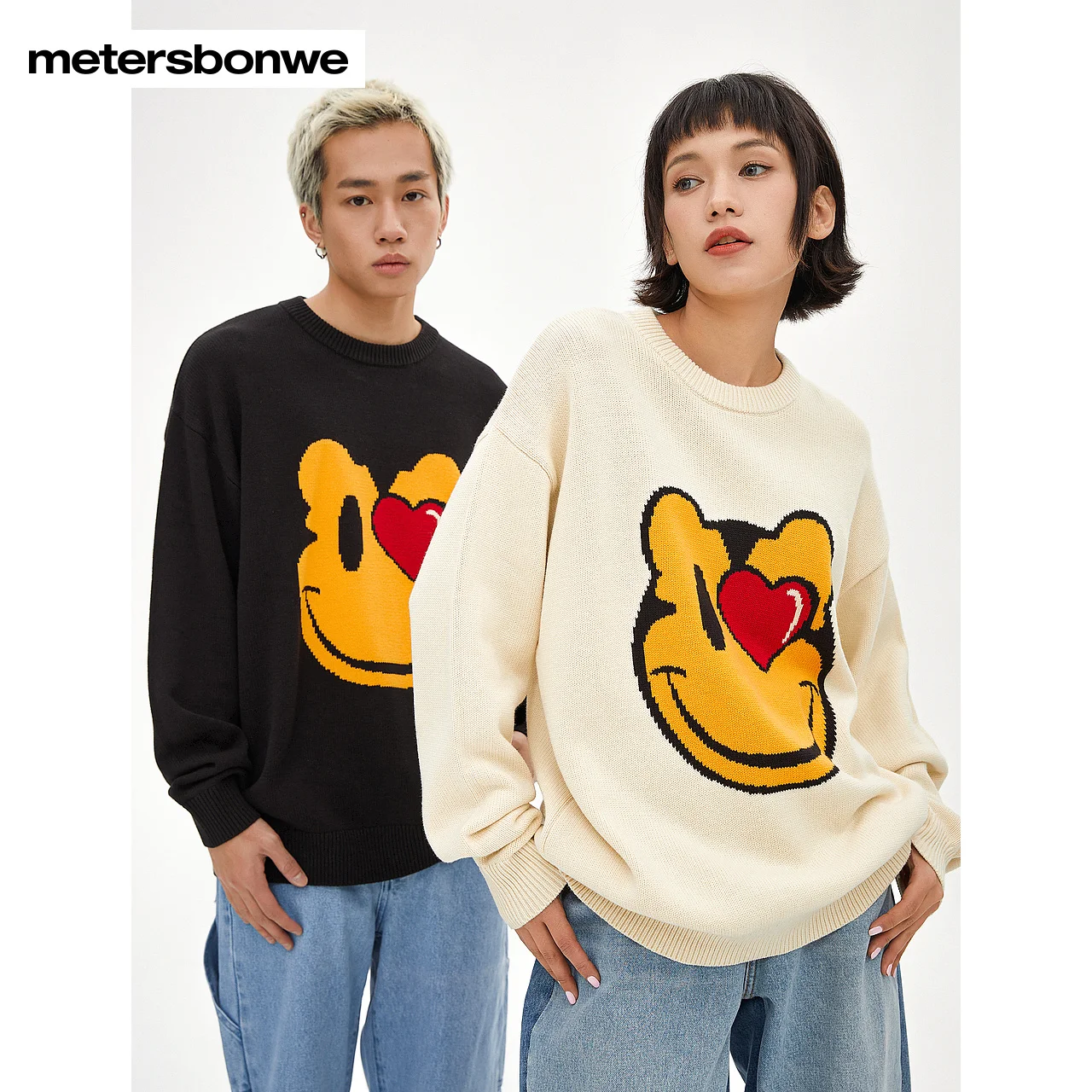 

Metersbonwe Sweater Men Spring Autumn Smiling Face Cartoon Jacquard Comfortable Couple Round Neck Sweater Brand Top