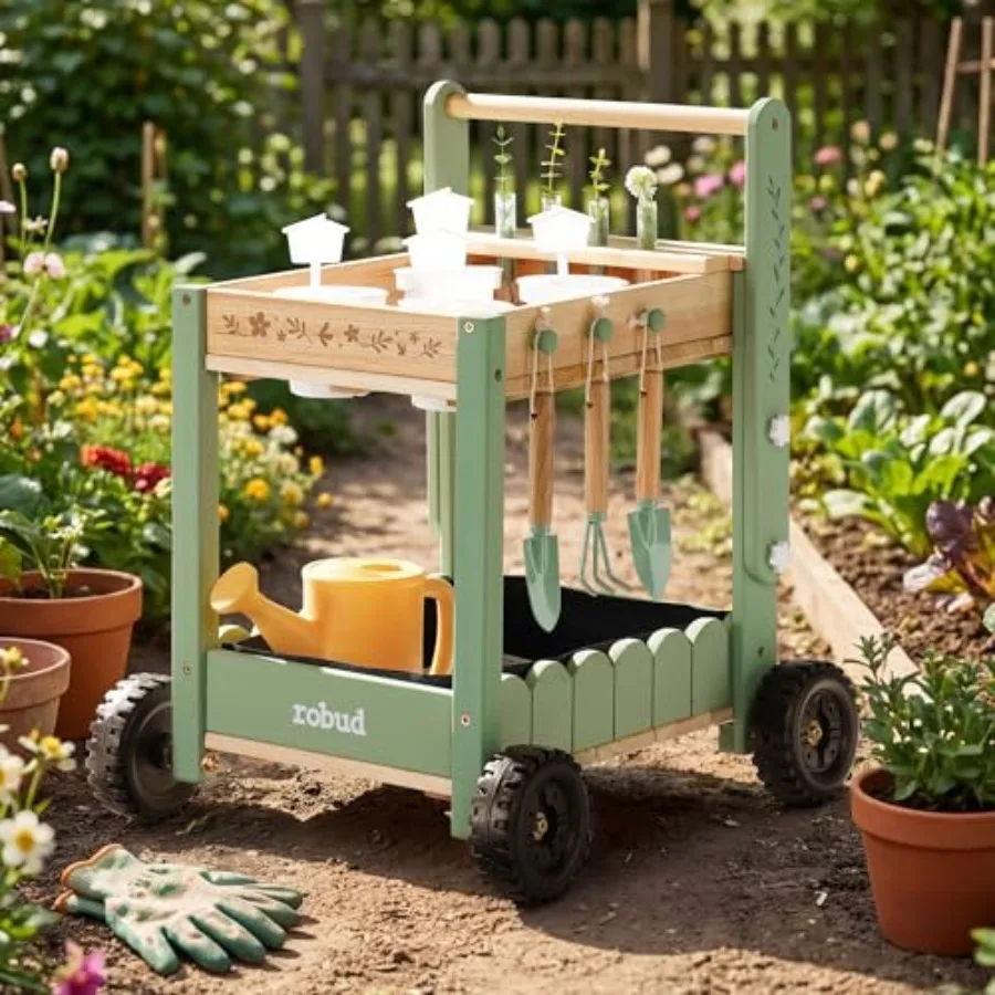 

Gardening Tools Set with 2-Tier Wooden Cart Wheelbarrow Toddler Gardening Set with Watering Can Shovel Rake Plant Labels Outdoo