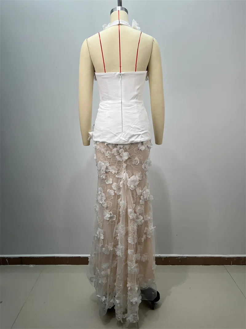 Robe de mariée sirène blanche pour femmes, avec doublure, Sexy, col licou, sans manches, formelle, fleur 3D, élégante, Robe de soirée pour invités