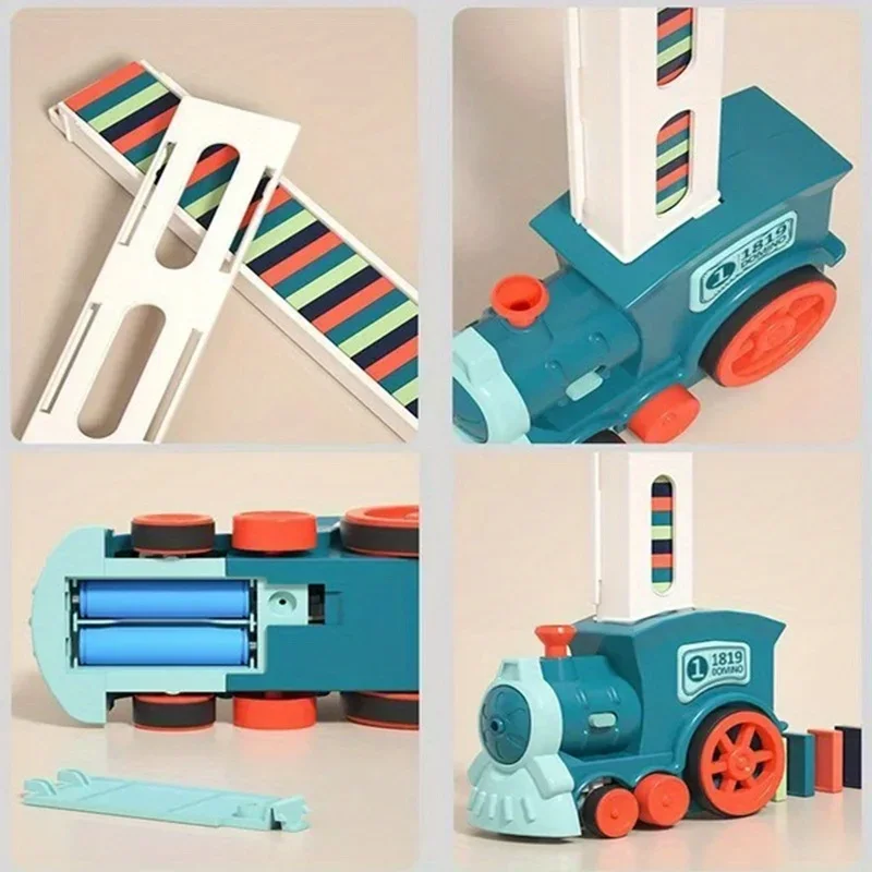 Juego de tren dominó para niños, reacción en cadena interactivo de juguete, funciona con pilas, estimula la imaginación y el aprendizaje