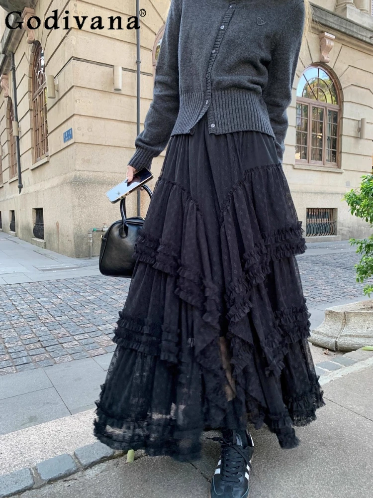 Spring Autumn Korean Version of Black Gentle Heavy Industry Lace Skirt Sweet Girl High Waist Versatile A-line Time Cake Skirts