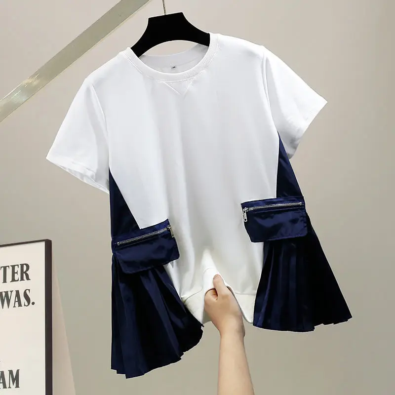 

Fashion 2025 Fall Tshirt Color Blocking Pleated Hem Fake Pocket Short Sleeve Loose Fit Women Top