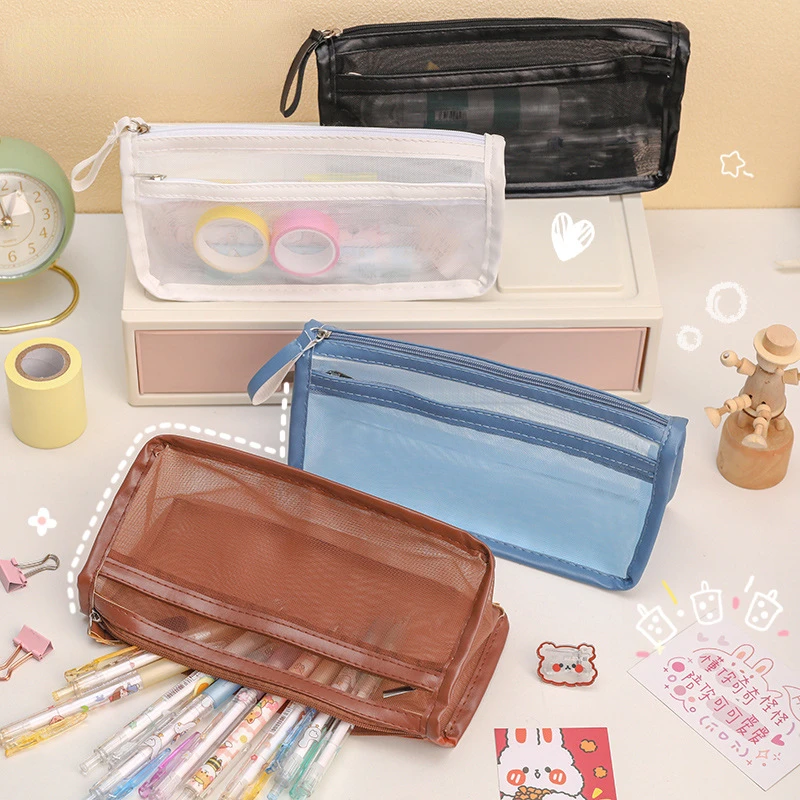 Simple Transparent Double Mesh Pencil Bag Student Gift Cute  School Supplies Pen Case 