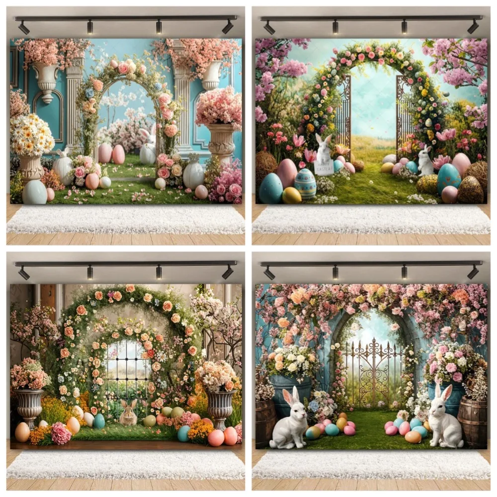 

Spring Easter bunny Easter egg photography background, arched garden children's birthday party background decoration photography