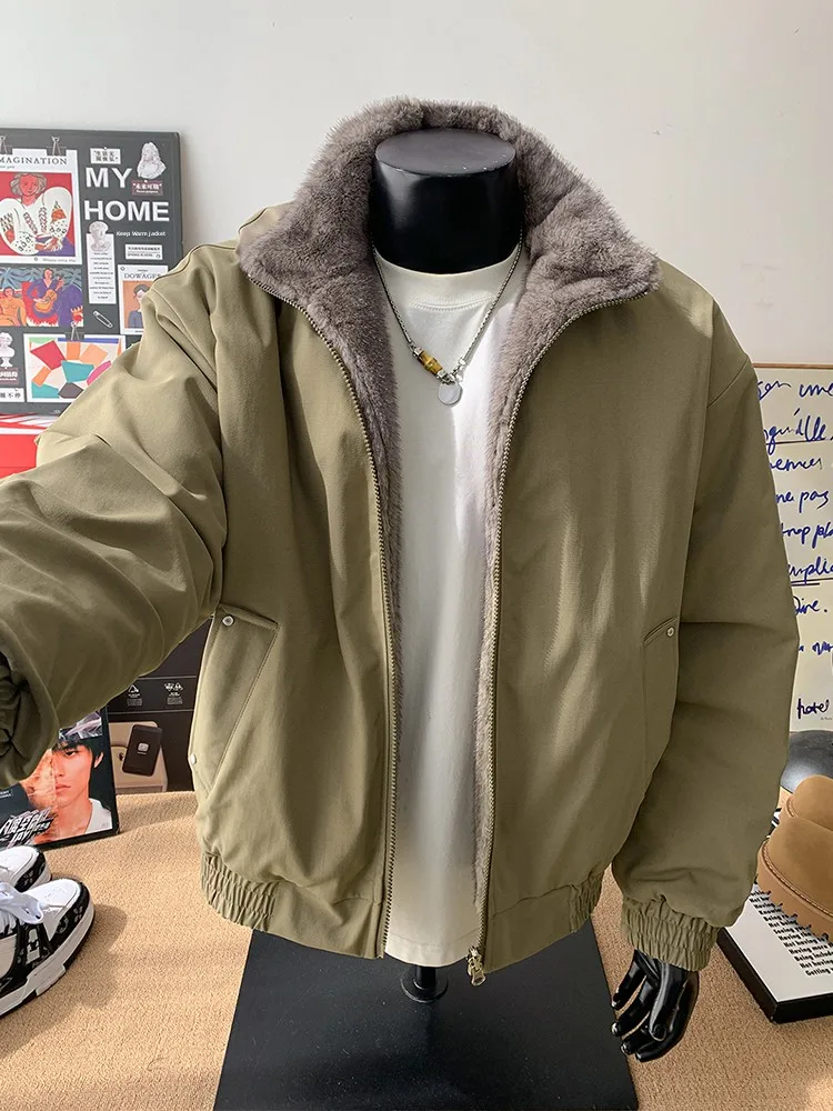 

Thiened Fce Хлопковая куртка мужская зимняя теплая двусторонняя одежда серебристо-синяя парусиновая куртка с меховым воротником молодежная мода