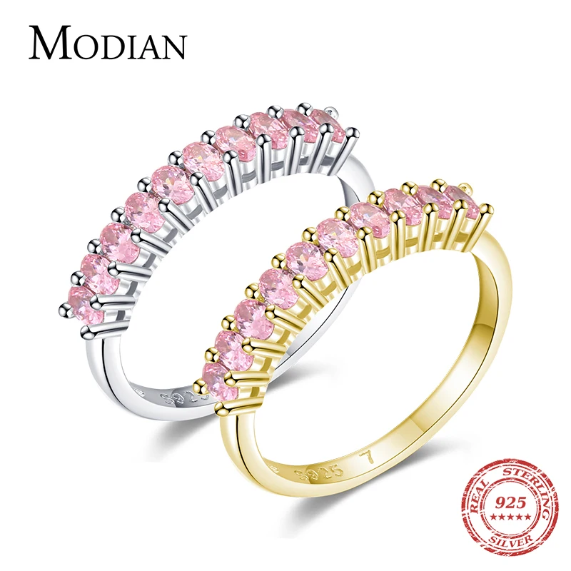 Modian Romantic Pink Cubic Zirconia Ring Real 925 Sterling Silver Luxury Dazzling Finger Rings For Women Wedding Jewelry Anel