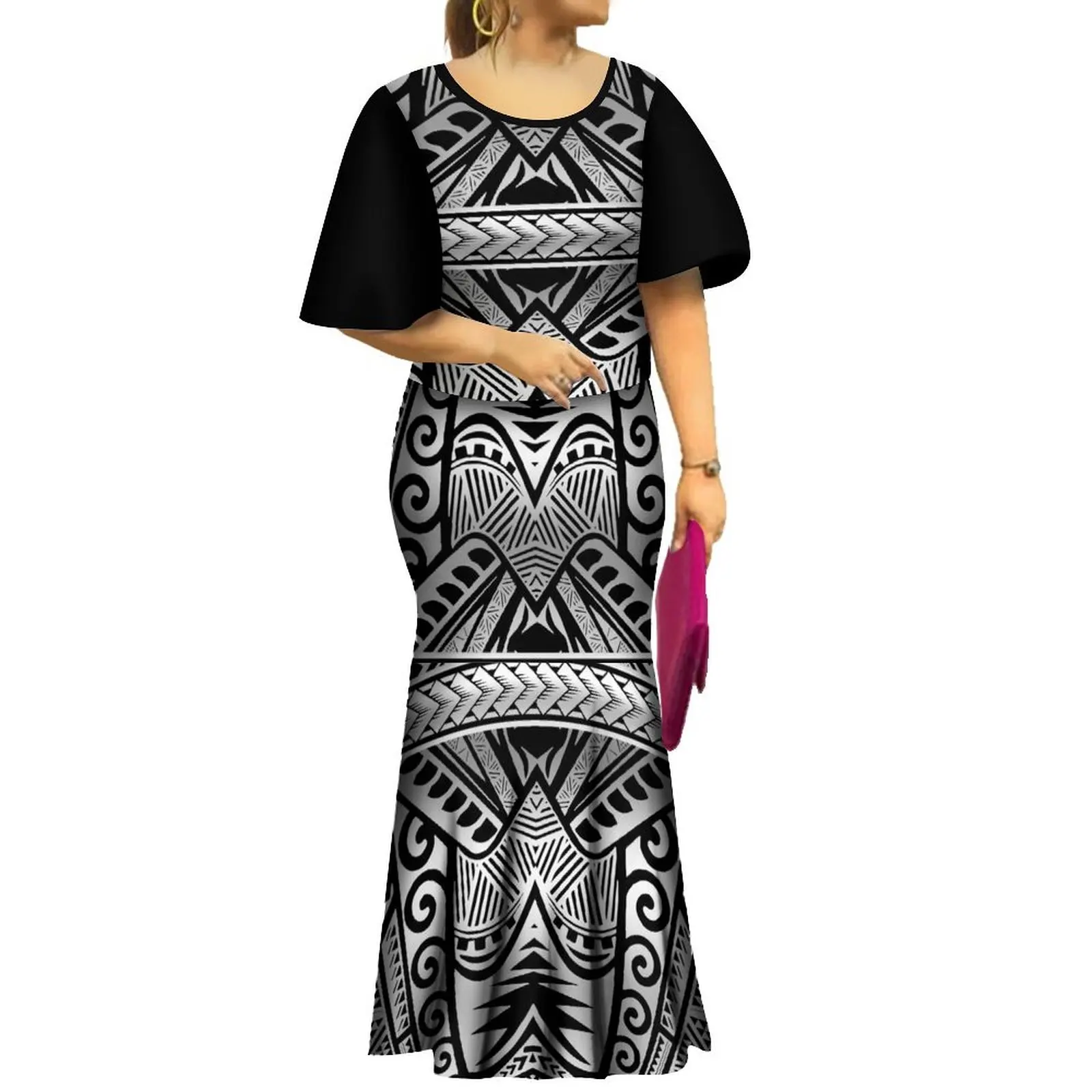 Women\'S Flared Sleeve Dress High Quality Puletasi Two-Piece Polynesian Tribe Dinner Party Elegant Fishtail Dress Plus Size 8xl