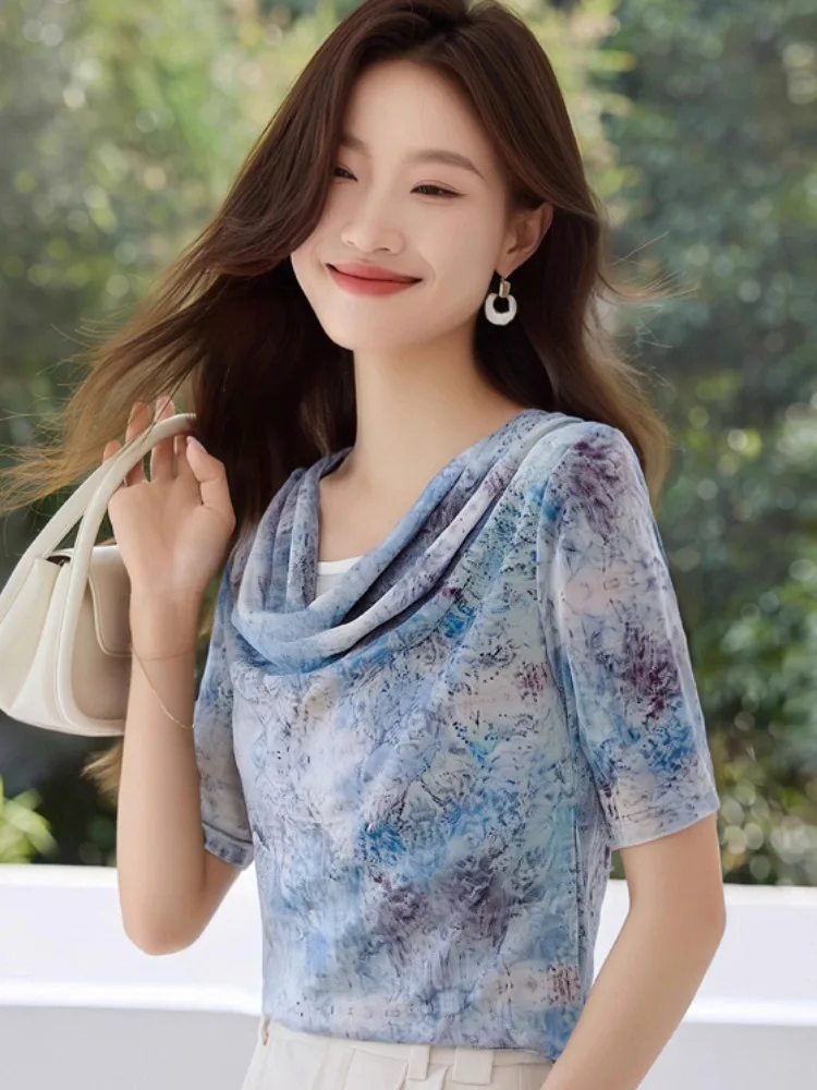 ファッションレディグラデーショングレー tシャツ女性スリムボディメッシュトップス