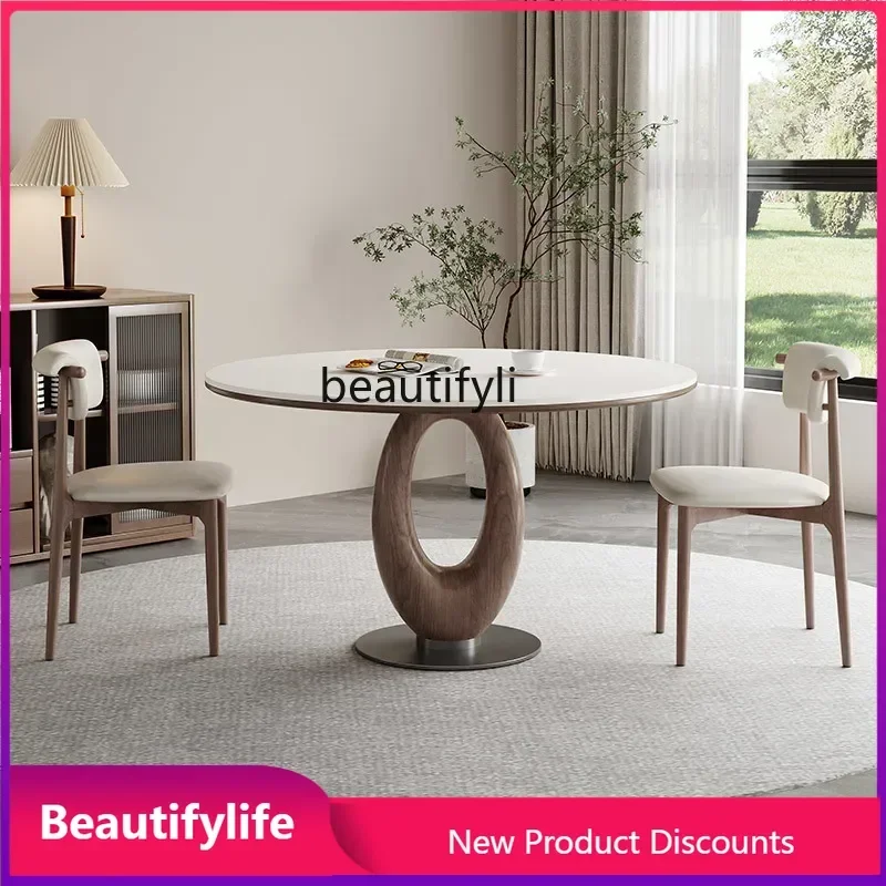 37   Walnut solid wood rock slab retro wind round dining table home living room dining table and chair combination
