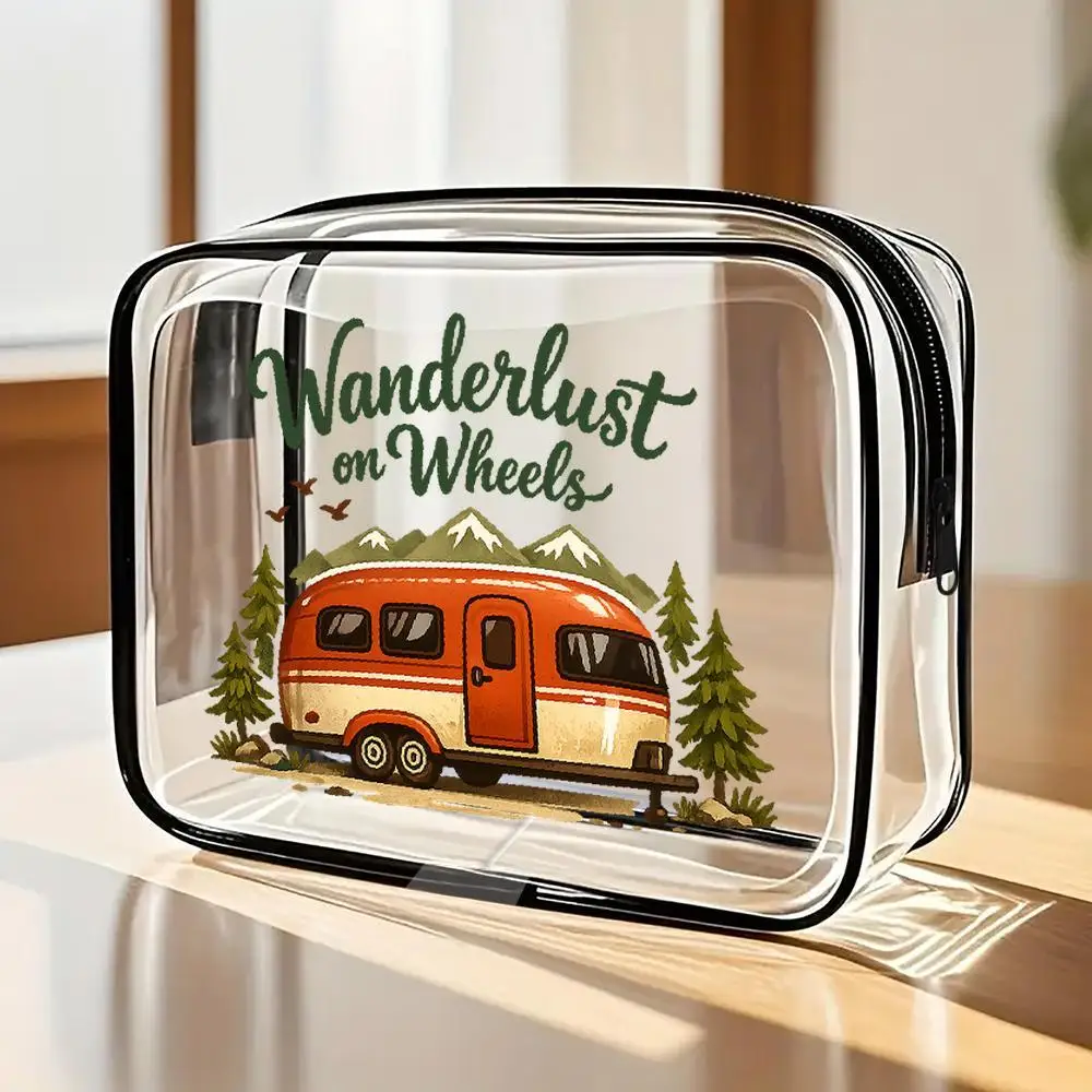 

Toilet Bag Camper Mountain Pine Tree Clear PVC Zippered Makeup Storage Bag Vintage HandDrawn "Wanderlust On Wheels" Design Port