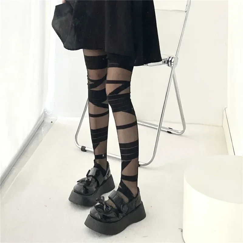 2026 Ultradünne Damen Spicy Girl Bandage Streifen Lange Strümpfe Japanische Lolita JK Y2K Sexy Sommer Cross Tube Weiße Strümpfe