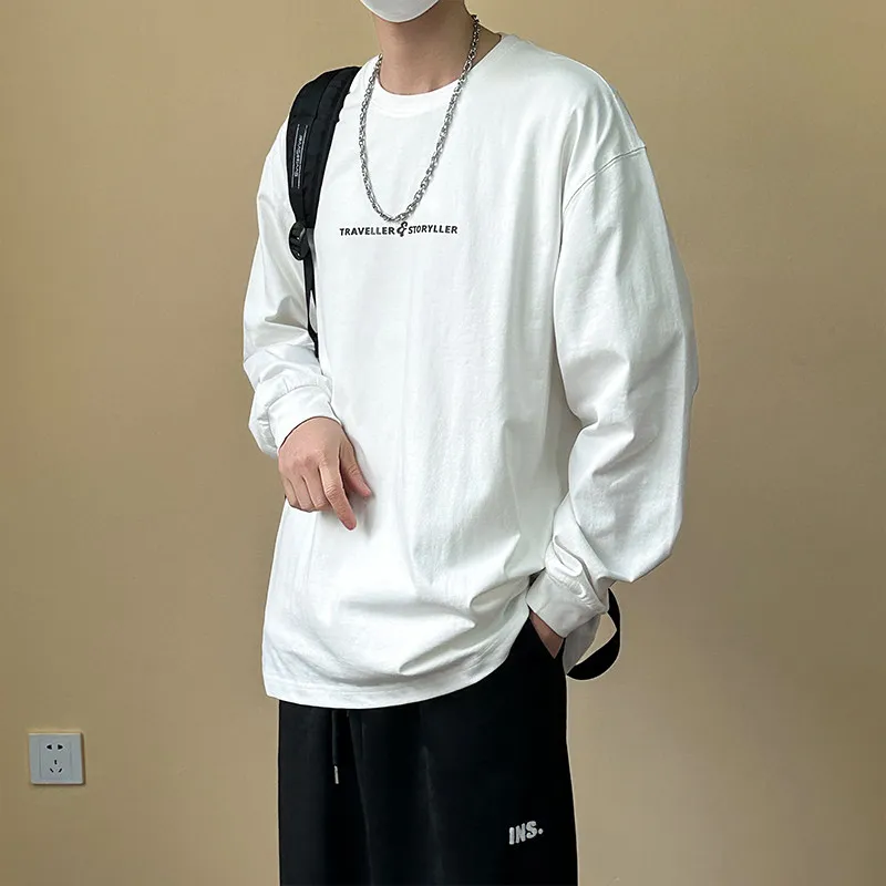 

Japanese Sle Heavyweight Simple Long Sve T-irt ex Loose Color round Ne Casual White Base irt for Men