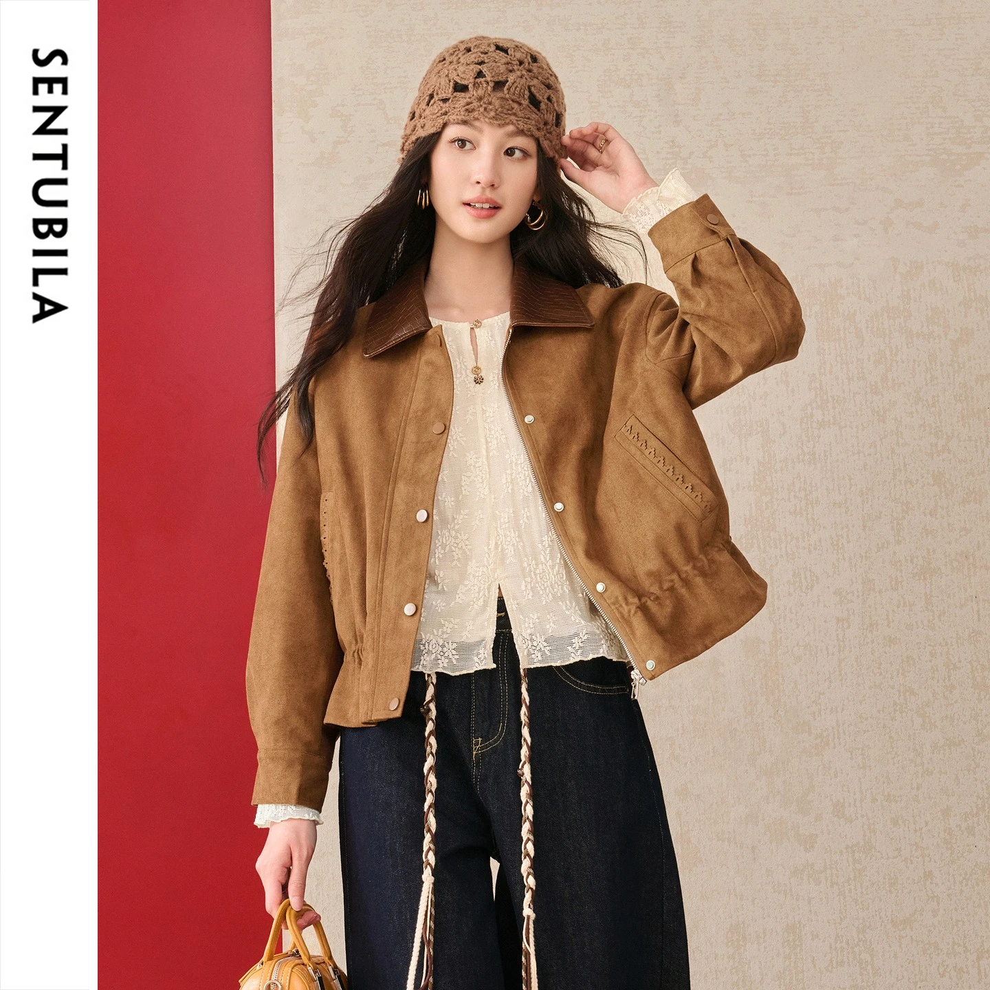 SENTUBILA Women Warm Jacket Vintage Nomadic Contrast Woven Faux Leather Collar Drop Shoulder Loose Commuter Outerwear 164WB8035