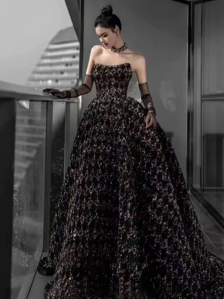 Elegant Black Strapless Gown Starry Night Long Evening Dress Women's Host Dress Luxury Minimalist Style Wedding Party Dress
