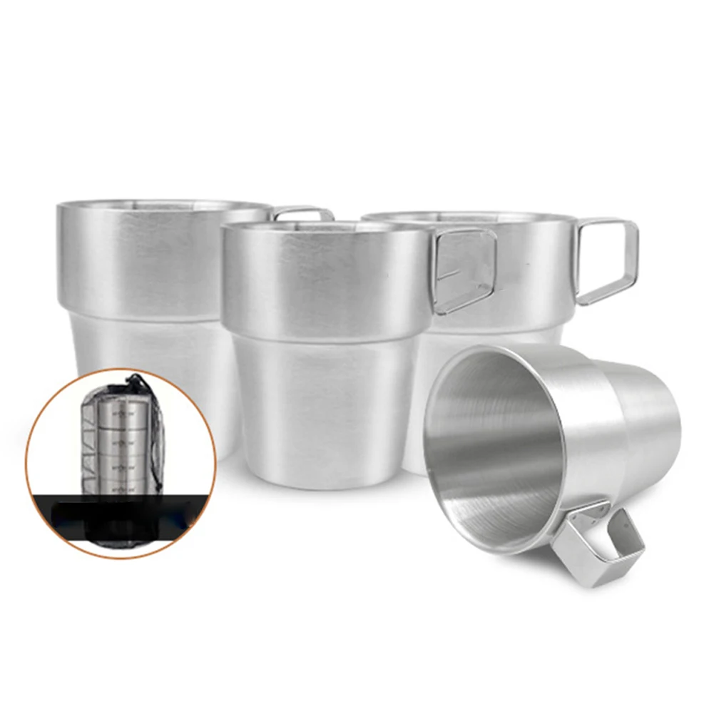 4/5/6pcs 300ML Camping Coffee Cup 304 Stainless Steel Water Cup With Handle With Mesh Storage Bag Outdoor Camping Supplies