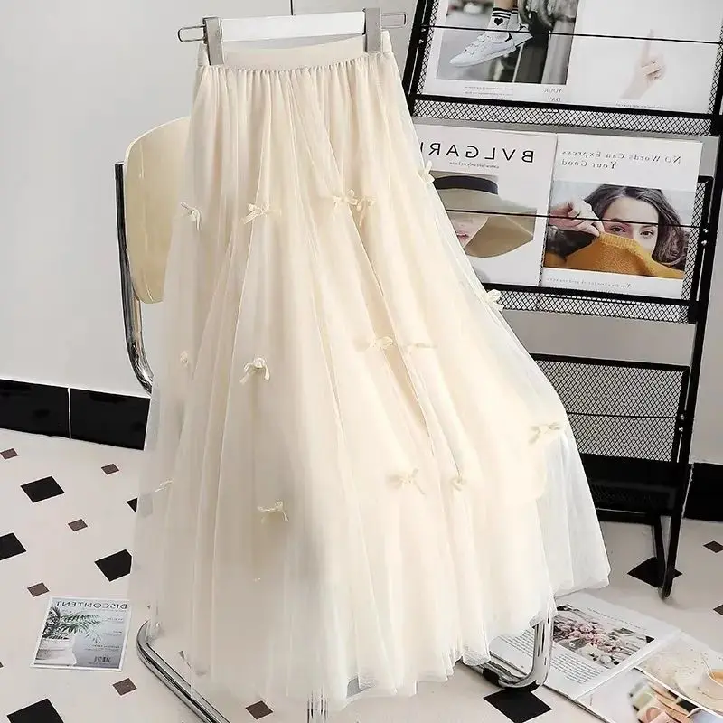 Elegant Tulle Long Skirt Women Sweet Apricot Butterfly Casual High Waist Ball Gown Skirts Loose Solid Korean Party Flared Skirt
