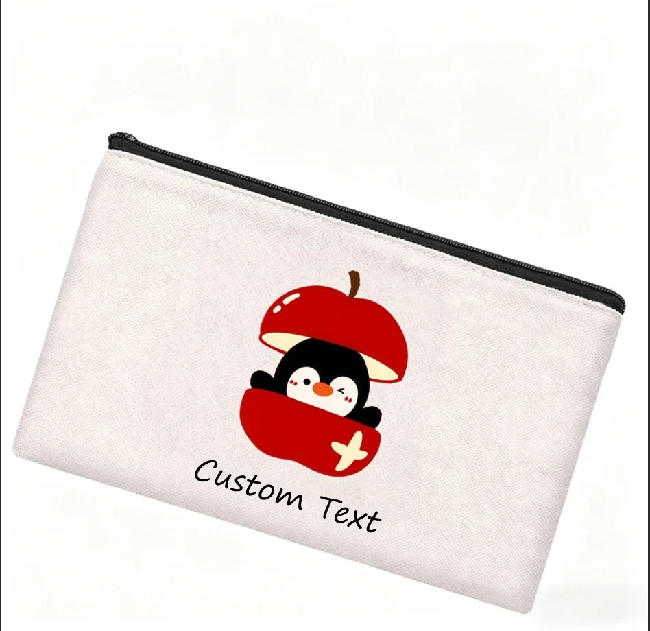 1PC Custom Text Cute Penguin In Red Apple Cosmetic Bag Personalized Canvas Zipper Makeup Storage Pouch