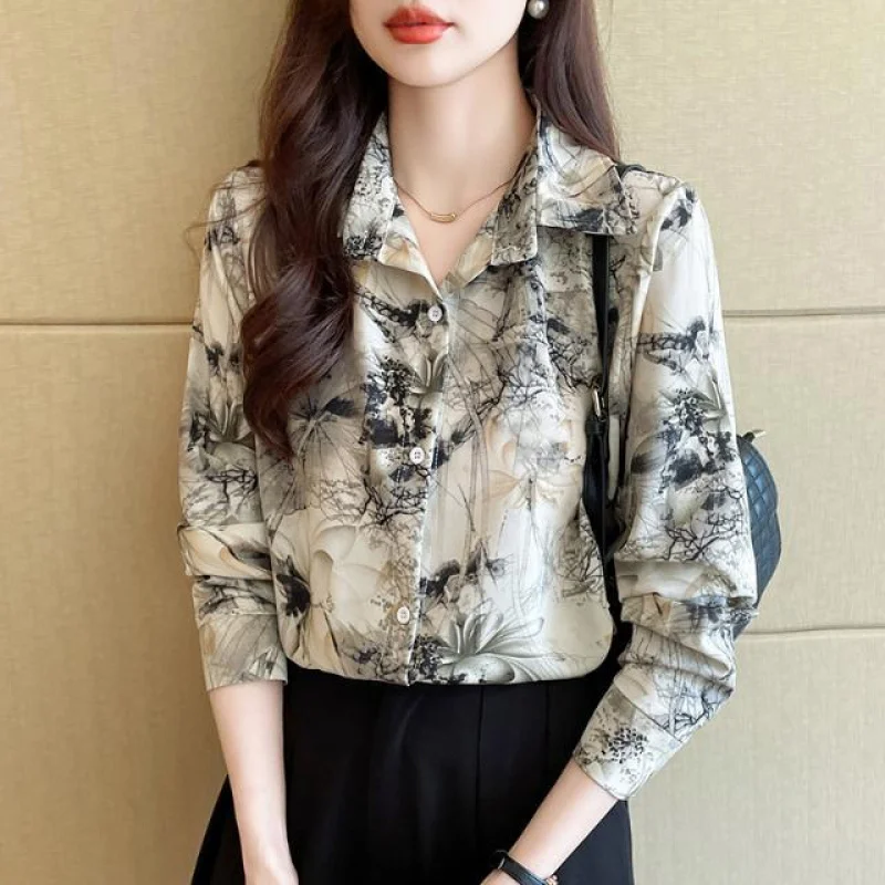 2025 Spring Elegant Chic Woman Shirts Lapel Print Blouse Femme Long Sleeve Shirt Women Blouses Korean Style Ladies Tops