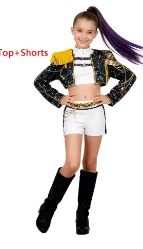 K-Pop شيطان زوي ميرا تأثيري حلي الاطفال الفتيات فستان حفلة تنكرية المعبود فيلم تأثيري هالوين كرنفال الملبس الذهبي المرحلة البدلة #1