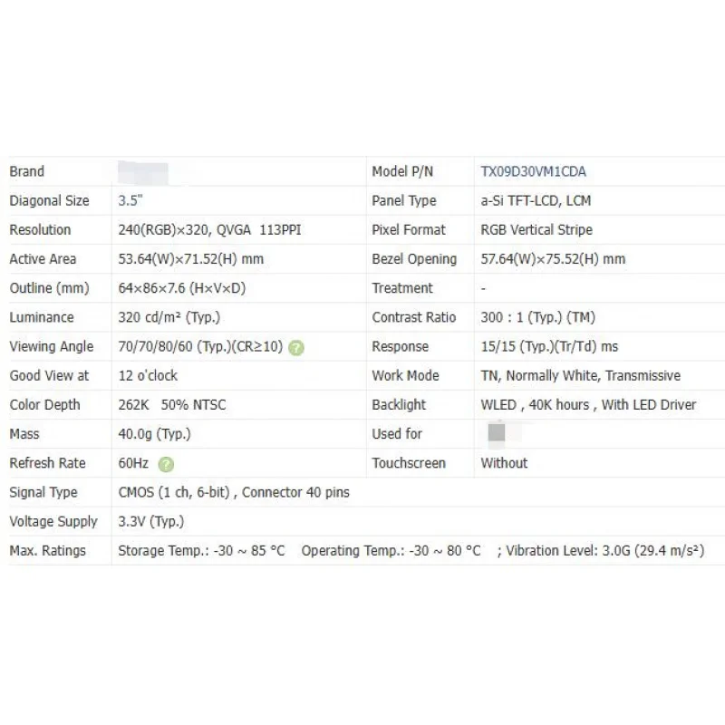 TX09D30VM1CDA Nova tela LCD original de 3,5 polegadas