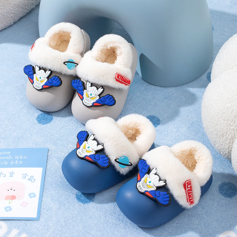 

Ultraman Cartoon Printed Tiga zero Cotton Slippers For Children's Shoes Fashion Style Warmth Winter Indoor Kids Boys Slipper