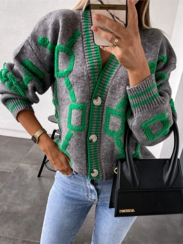 

Autumn Winter Jacquard Knitted Coat Women Fashion V-neck Long Sleeve Single Breasted Knitting Cardigan Coats Female Streetwear