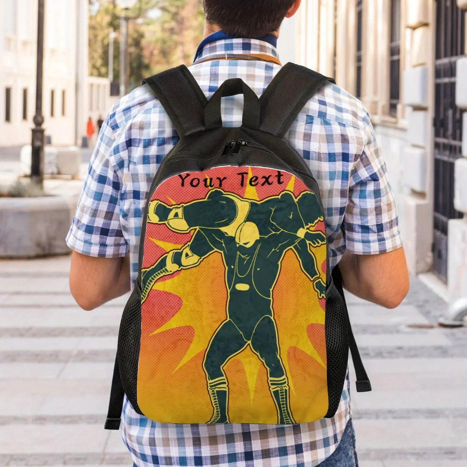 맞춤형 레슬링 테마 백팩 - 내구성이 뛰어난 폴리에스테르, 조절 가능한 스트랩, 노트북 수납 공간 - 학교, 직장, Tr에 적합