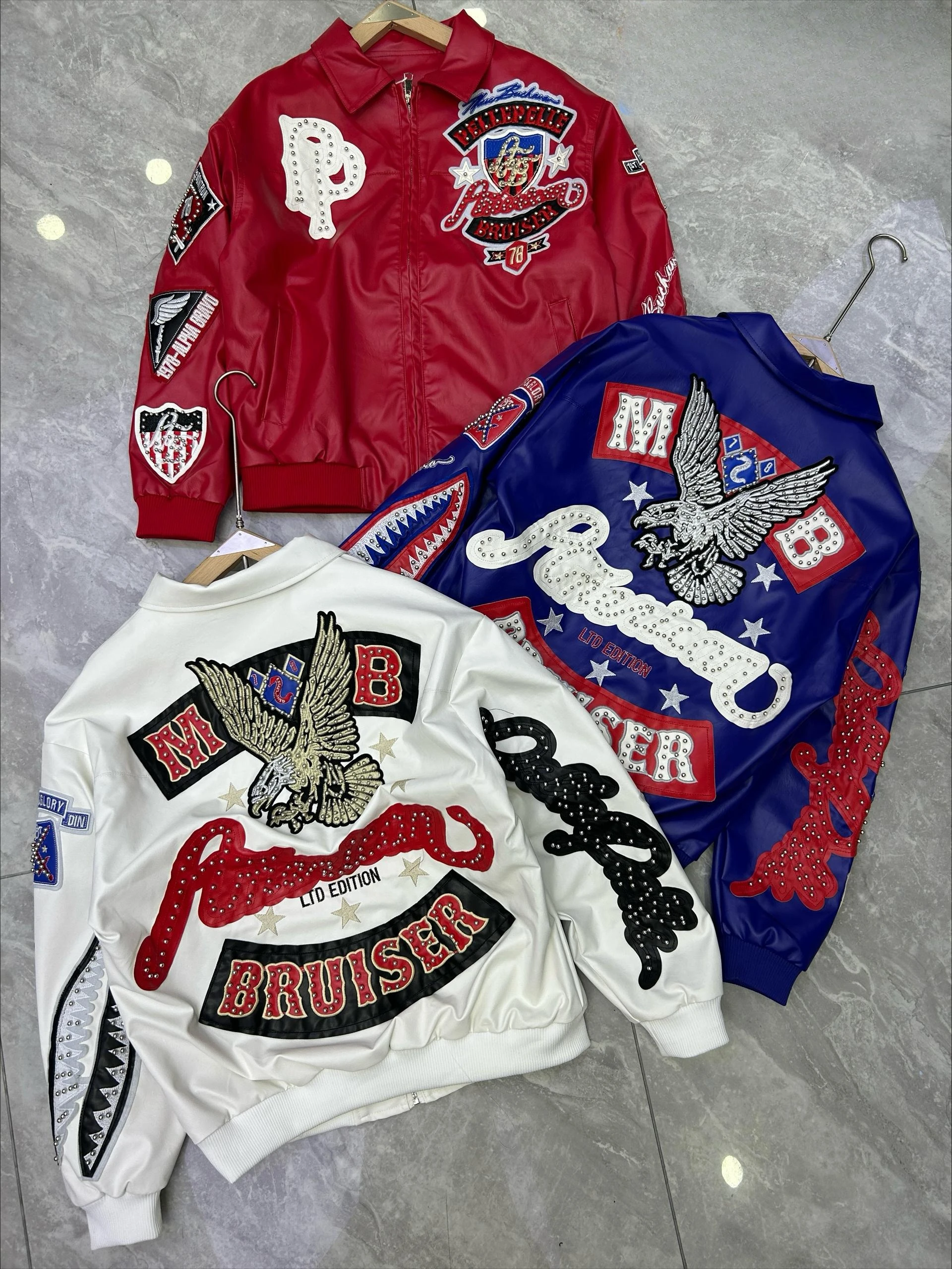 アメリカンレトロレザージャケット バイクコート スタンドカラー フライトジャケット 秋冬 重工業刺繍入り 新品コート