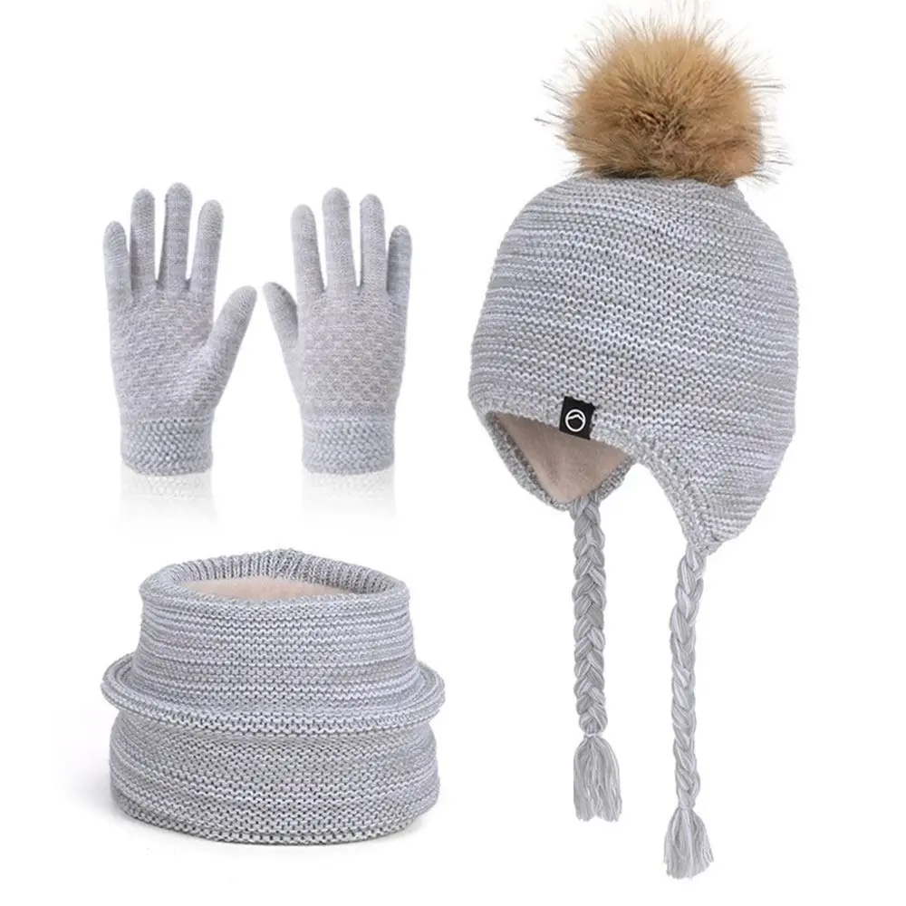 Fashion Warm Winter Hat Scarf Gloves Set Thicken Pompom Knitted Hats Windproof Soft Toddler Bonnet view 3