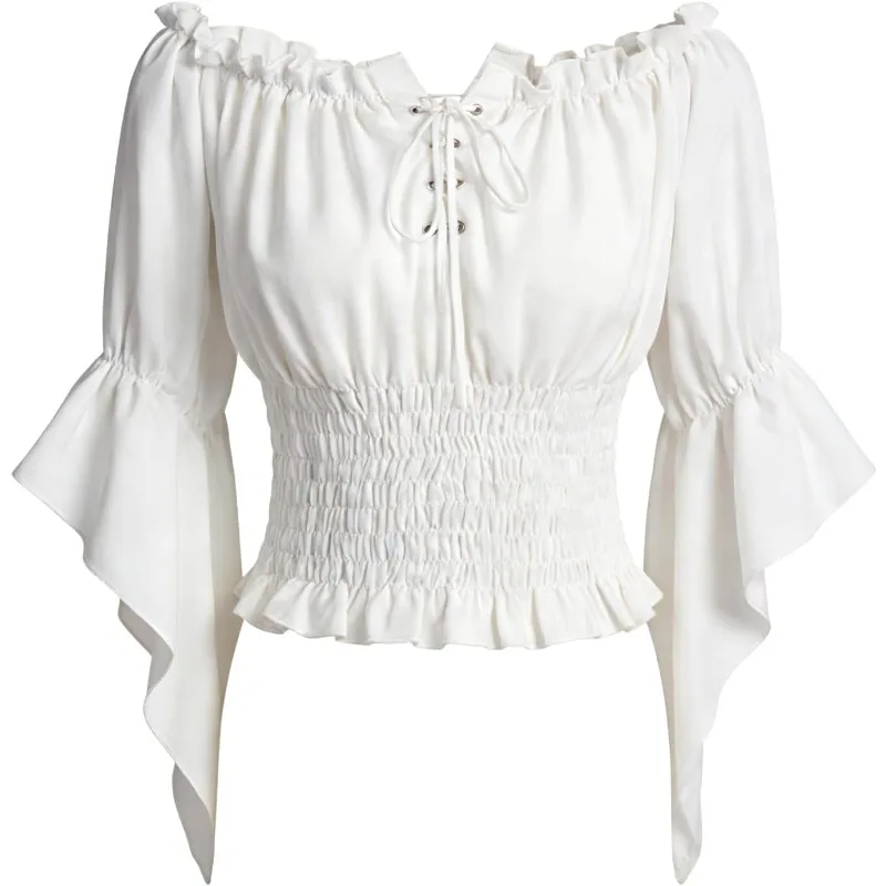 

Women’s Renaissance Peasant Blouse Off Shoulder Bell Sleeve Top Medieval Pirate Corset Shirt for Ren Faire Cottagecore
