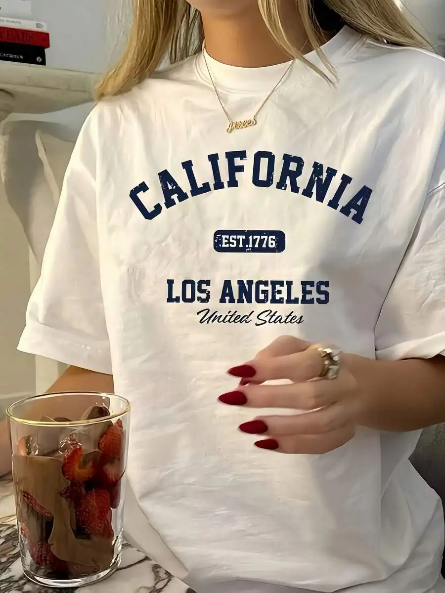 1 camiseta blanca con estampado de California, Los Ángeles, para mujer, de cuello redondo, de algodón, de tejido elástico, corte regular, ideal para uso diario.