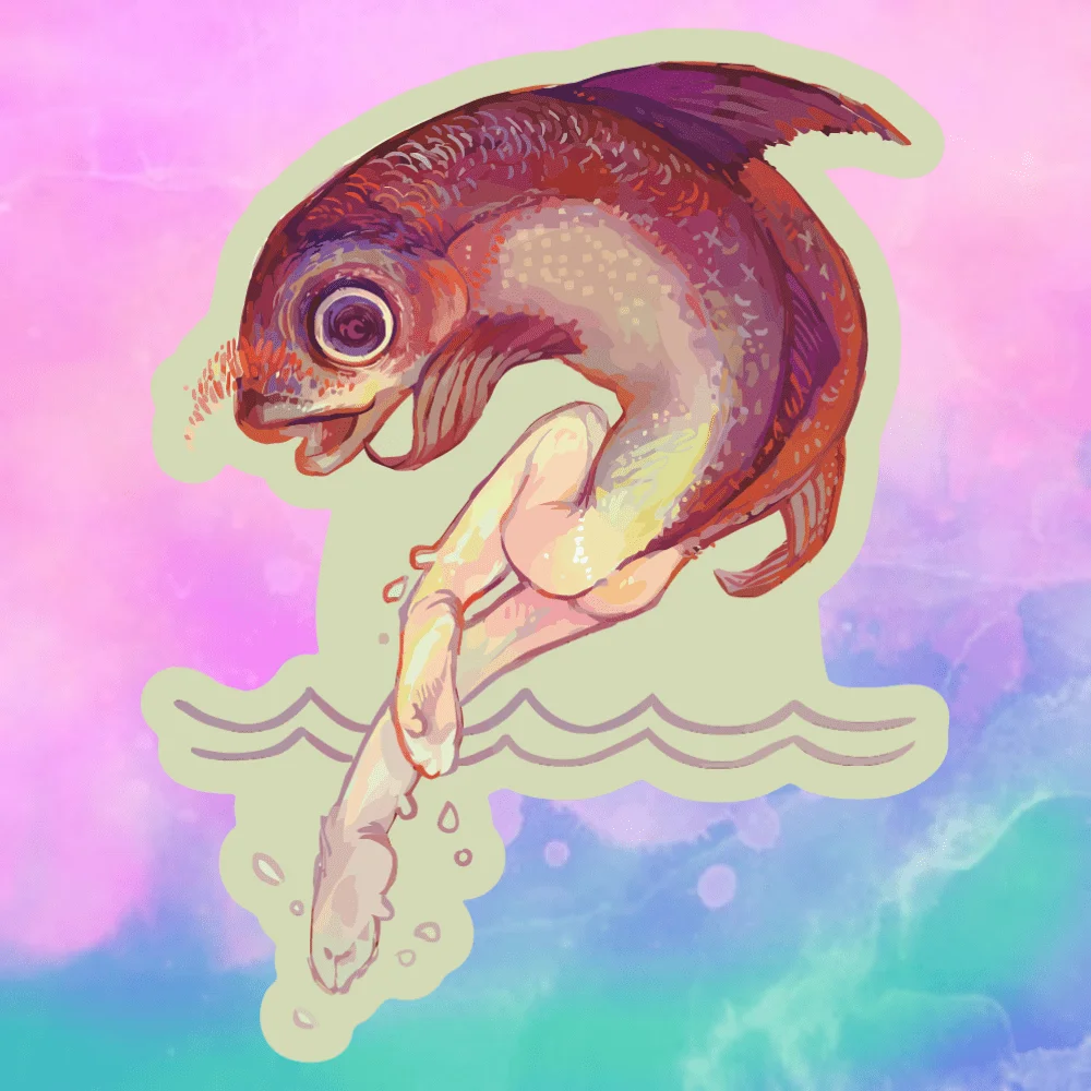 5pcs fish body and human legs, a surreal style fantasy illustration suitable for decorating laptops and water bottles