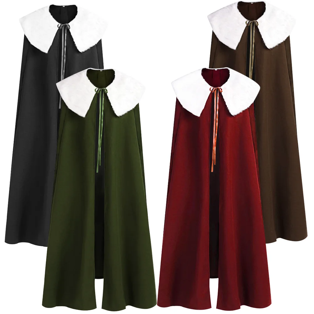 

Medieval Halloween Woolen Cape Roleplay Wizard Knight Carnival Cos Robe Stage Performance Hair Collar Cloak