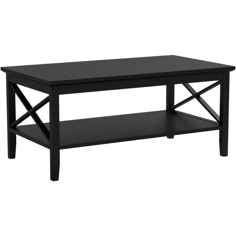 ChooChoo Oxford Coffee Table with Thicker Legs, Black Wood Coffee Table with Storage for Living Room