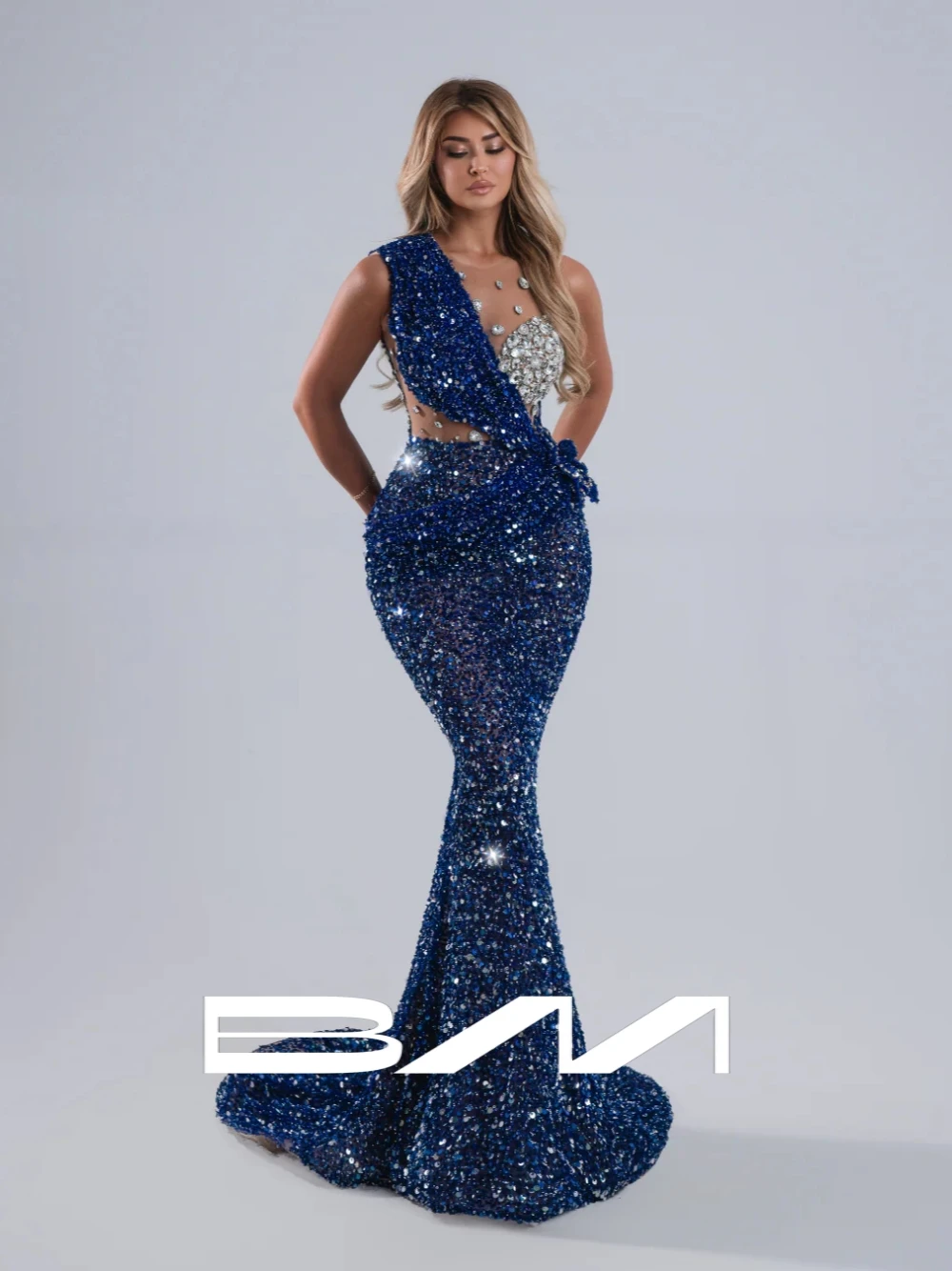 

High-end Blue Mermaid Sparkling Evening Dress Glamorous Crystals Sequins Sexy Formal Banquet Women Prom Gown Customized